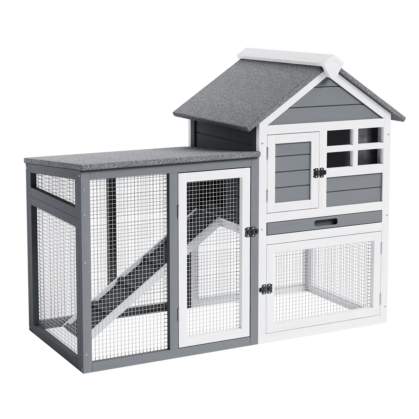 -Story Wooden Small Animal Hutch, Indoor/Outdoor Rabbit Cage with Waterproof Roof. Pull-out tray & anti-slip ramp, perfect pet enclosure for rabbits, ducks, quails, Compact, 2-Story Structure