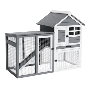-Story Wooden Small Animal Hutch, Indoor/Outdoor Rabbit Cage with Waterproof Roof. Pull-out tray & anti-slip ramp, perfect pet enclosure for rabbits, ducks, quails