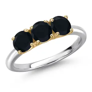 925 Silver and 10K Yellow Gold Black Onyx Engagement Ring For Women | 1.43 Cttw | Round 5MM | Gemstone December Birthstone
