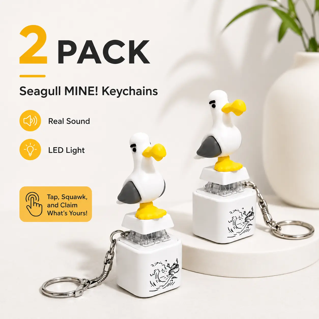 2PCS Viral Seagull "MINE!" Sound Button Keychains with LED Light, Funny Interactive Gift for Friends and Family