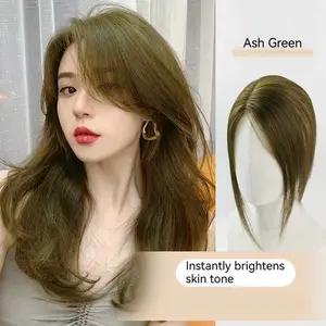 Smoky Ash Green Real Human Hair Bangs Topper – Volumizing High Root Lift Cover Gray Lightweight Invisible Natural Look Top Piece for Women