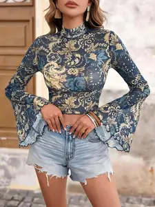 Women's High Neck Bell Sleeve Mesh Short Top, Summer Beach Bohemian Style, Transparent Net Fabric, Casual Fashion Shirt