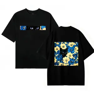 Black Cat Floral Pattern Fun Print Vintage Washed Pure Cotton T-shirt Y2k Style American Street Style Unisex Clothing for Men & Women