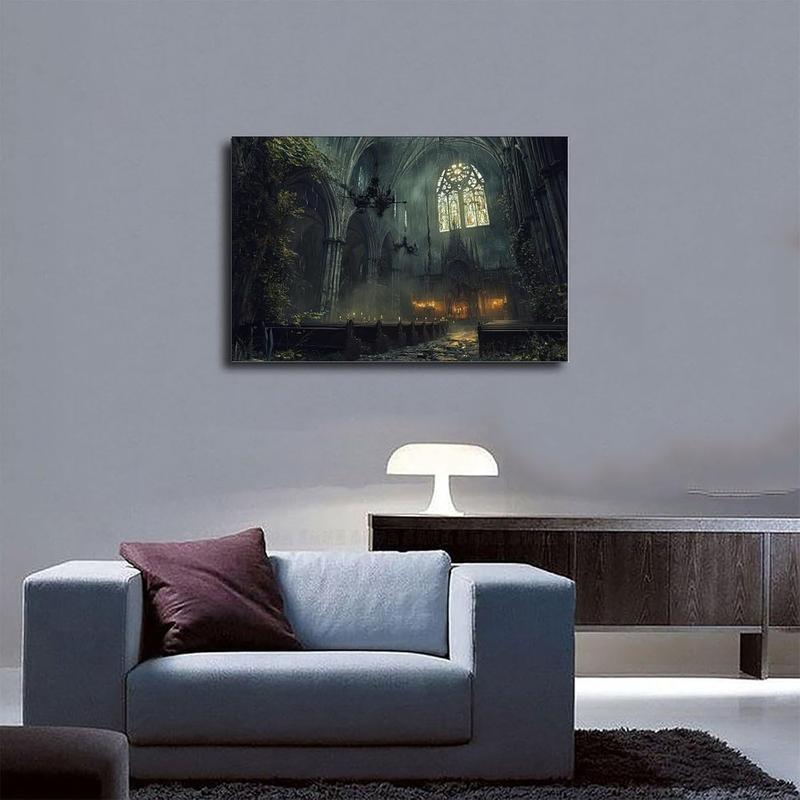 Abandoned Gothic Cathedral Wall Art – Dark Haunted Church Print – Black And White Vintage Horror Decor Canvas Wall Art Print Poster For Home School Office Decor