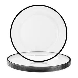 12" Clear Disposable Charger Plates with Single Black Rim – 25 Pack for Weddings, Parties, and Dinner Table Decorations. Transparent Base Elegant & Durable Plastic Charger Plates for Anniversaries and Special Occasions