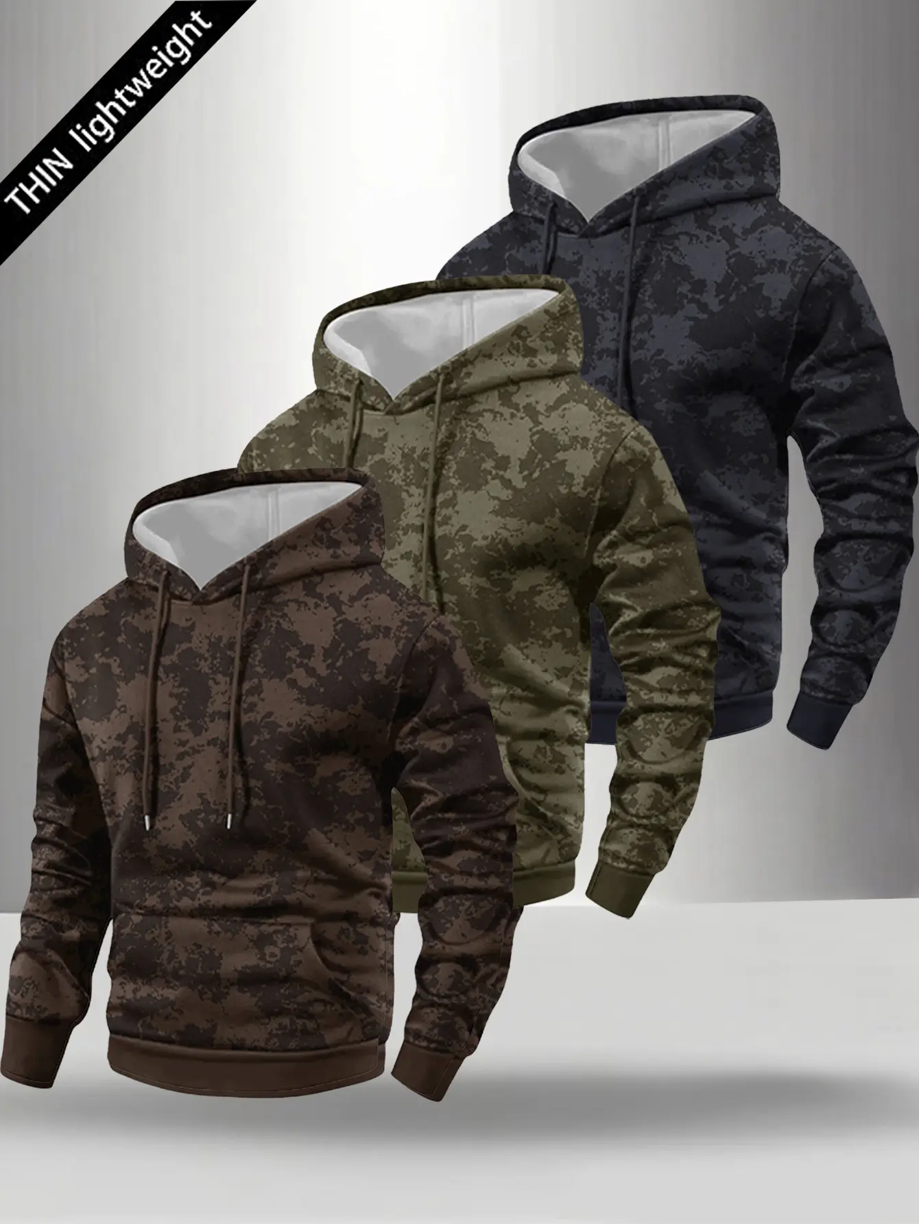 Men's 3-Piece Fashion Streetwear Set, Lightweight Stretch Fabric, Long-Sleeves Tie-Dye Hoodie with Drawstring & Kangaroo Pocket, Casual Sporty Menswear for Spring-Autumn