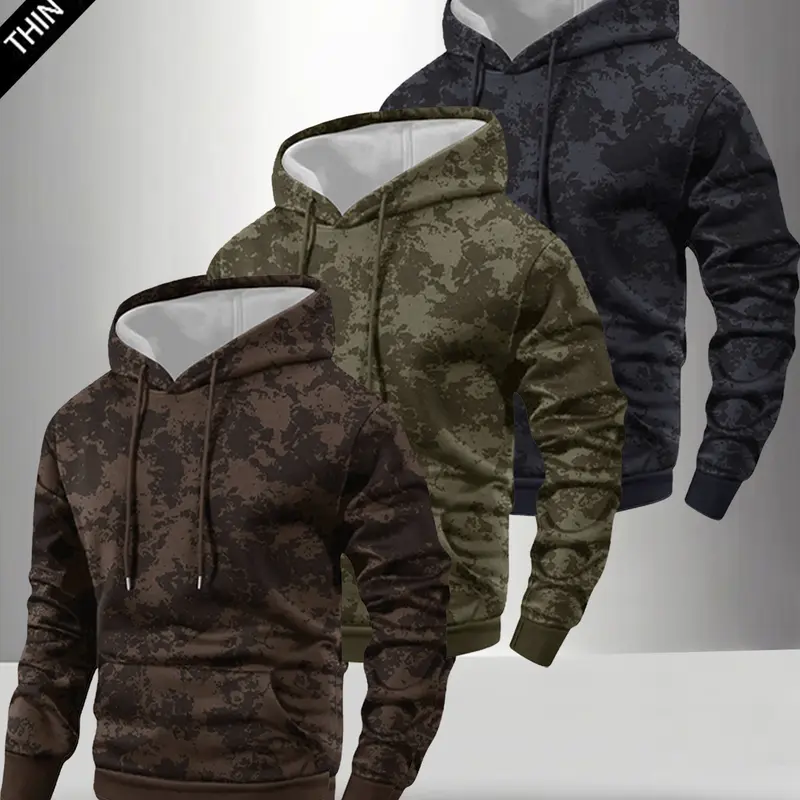 Men's 3-Piece Fitted Streetwear Set - Tie Dye Pullover Long Sleeve Hoodie, Eagle Print Jacket, Lightweight Stretch Knitting Fabric, Drawstring Hood, Casual OOTD Stylish Trendy Menswear