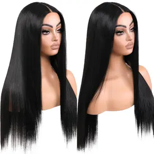 Wear and Go Glueless Black Wig Pre Plucked Synthetic Lace Front 1b Jet Black Wigs for Women Long Straight 13X5X1  Lace Middle Part 26 Inch