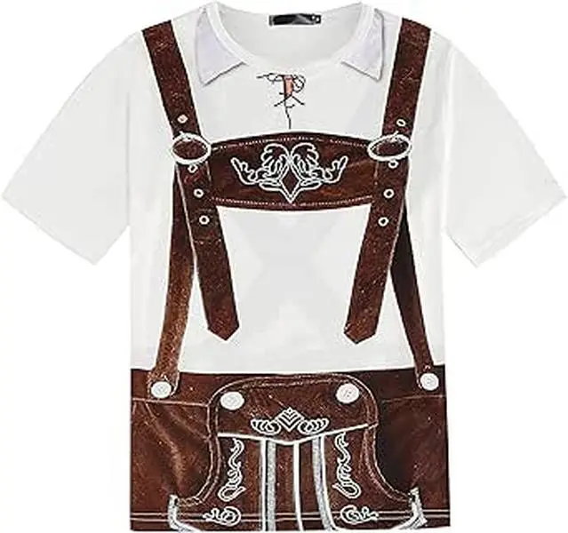Men's Bavarian Oktoberfest Costume Short Sleeve T-Shirt with Lederhosen Design for Beer Festival & Halloween