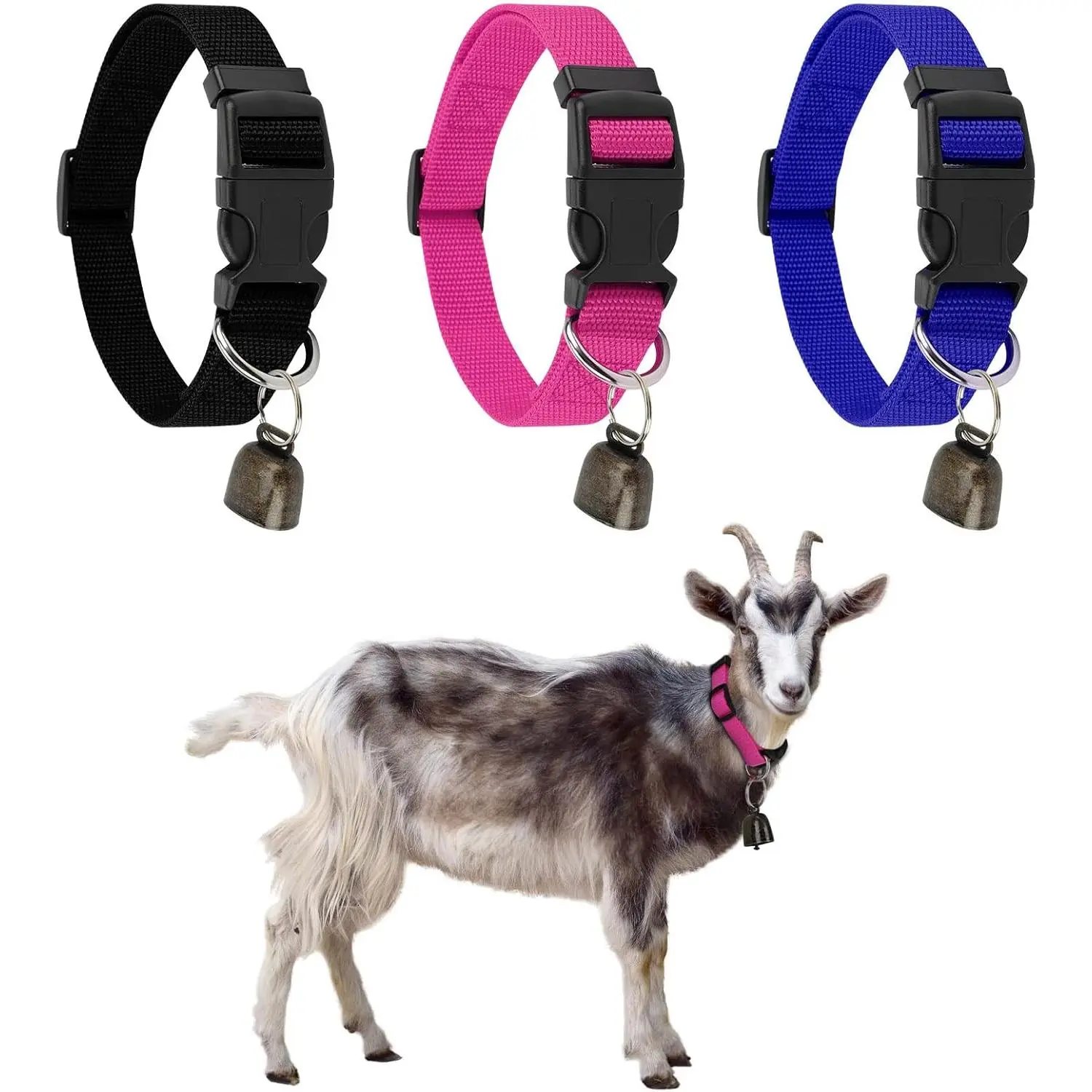 3-Pack Durable Nylon Collars with Adjustable Bell, Quick-Release Anti-Loss Buckle for Small Farm Goats, Sheep