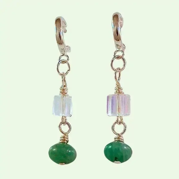Amazonite & Vintage Crystal Cube Silver-Filled Earrings (#0214) Daily Anniversary Birthday Wedding Casual