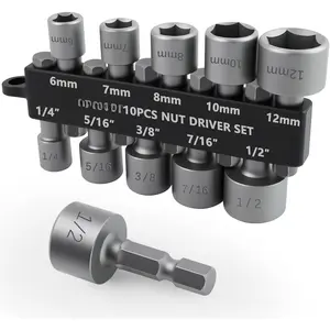 10 count Power Nut Driver Set for Impact Drill, Professional Metric & SAE Nut Drivers Bit Set with Tight Fit Storage Holder, Drill Socket Set with Ridge Design 1/4 Hex Shank for Wide Compability