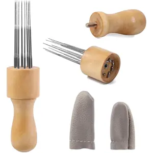 Eight Needles Felting Needle Tool, Craft Wool Felt Stitch Punch Tool with Solid Wood Handle and Finger Cots