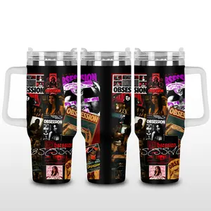 Obsession Horror Movie Collage 40oz Tumbler, Stainless Steel Cup With Handle & Straw, Gothic Thriller Fan Gift, Travel Coffee Mug for Daily Use