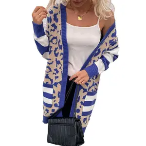 Women's Dark Blue Stripe Sleeve Leopard Print Open Front Cardigan with Pockets