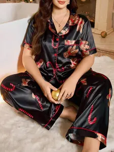 Christmas Gingerbread & Candy Cane Print Faux Silk Lapel Collar Plus Size Women Pajama Set Silk Pj Sets For Women Satin Sleepwear Set Woman Night Wear Black Satin Pj Set Night Suits For Women