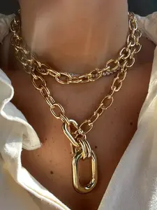 Double-Layer Thick O-Shape OT Buckle Pendant Necklace, Fashionable Chain Decorated, Women's Fashion Jewelry Accessory, Hip-Hop Style for Daily & Party, Great Gift