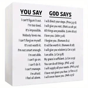 You Say God Says Square Shape Desktop Ornament, 1 Count Tabletop Shelf Farmhouse Home Balcony Bar Party Decoration, Home Decor Products, Office Home Decor, Gift for Boss Family Friend, Rustic Farmhouse Design