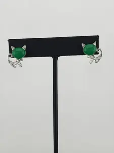 Whimsical Cat Earrings in Brass with Jade Highlights