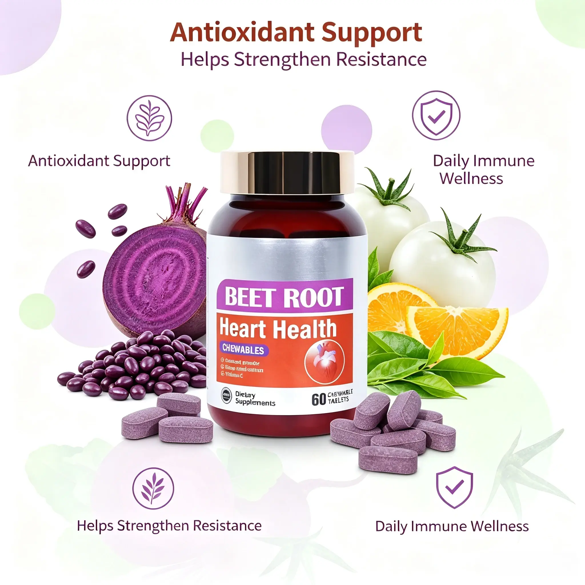Beet Root Chewables Botanical Herbals Supplement - 60,000MG Cardiovascular Support with Grape Seed, White Tomato, Green Tea Extract & Vitamin C Antioxidants, 60 Count per Bottle for Adults