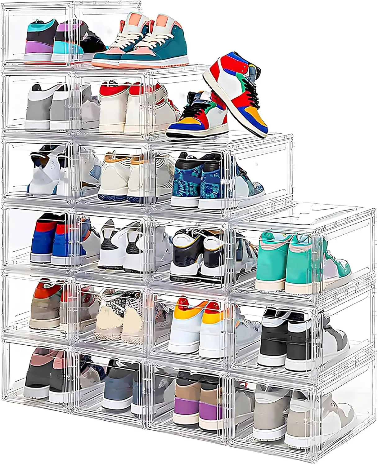 12 Pack Acrylic Clear Shoe Boxes– Ultra Clear Plastic Stackable Sneaker Storage for Sneakerhead. Professional Grade Shoe Display Case with Magnetic Door .Boots and Hat Organizer.Fits US Size 15 MMBABY
