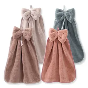 4PCS Bowknot Hanging Hand Dry Towels, Microfiber Coral Velvet Hand Towels Hanging Loop, Absorbent Super Soft Cute Hand Towels for Kitchen Bathroom