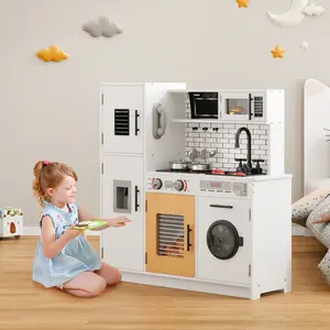 Soges Kids Wooden Play Kitchen with Lights & Sounds, Realistic Gas Stove, Complete Stainless Steel Cookware Set, Interactive Pretend Play Toy for Toddlers, Perfect Space-Saving Gift for Boys Girls Age 3+