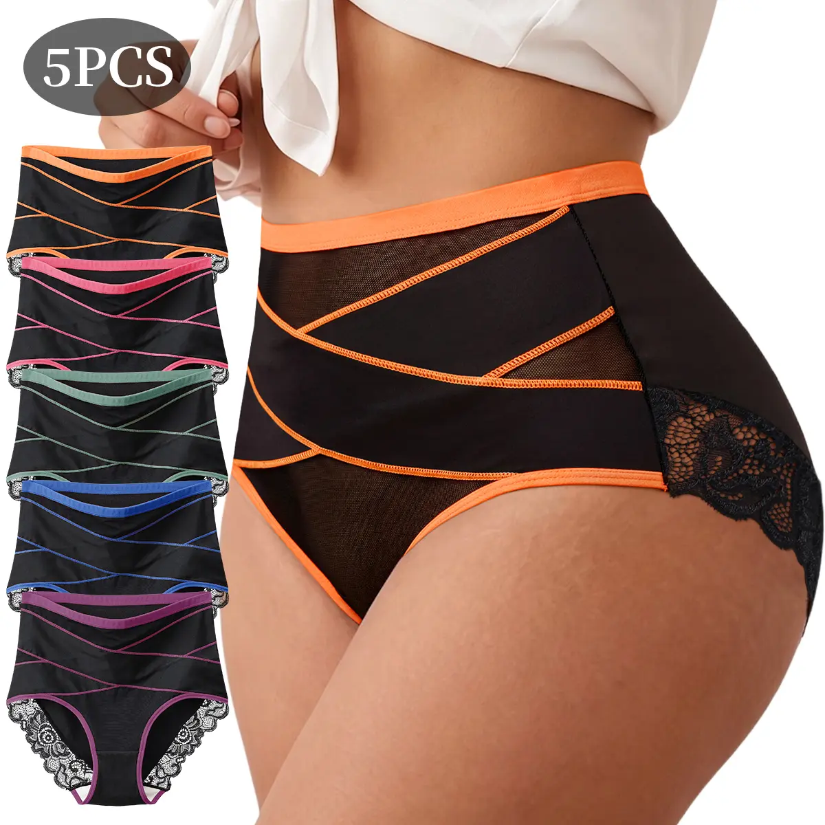 5PCS Women’s High Waisted Tummy Control Panties – Color Block Full Coverage Underwear with Lace Trim Leg Design, Soft Breathable Stretch Fabric, Comfortable Support Fit, Lightweight Everyday Briefs
