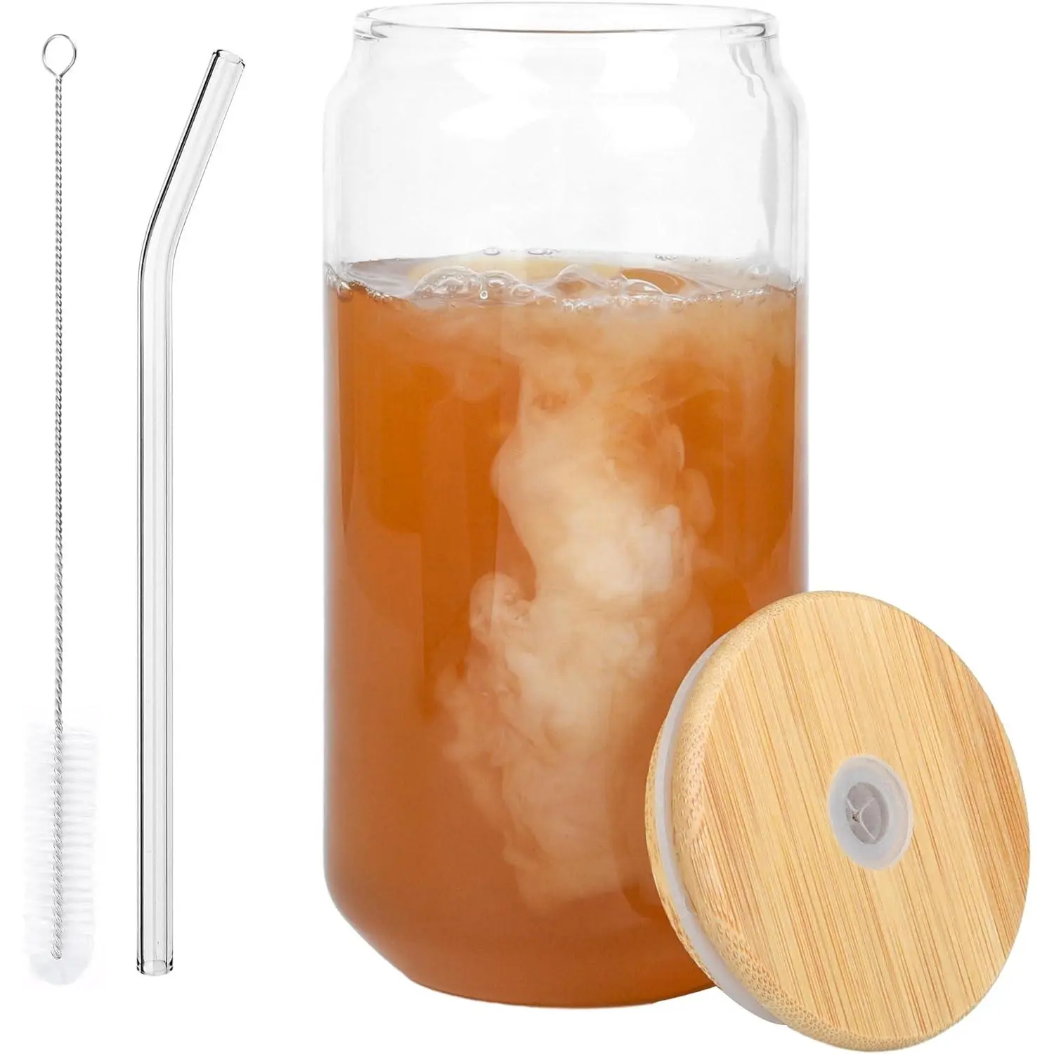 MIUVA 1 Count Set Beer Glass Cup with Bamboo Lid, Clear Design for Iced Coffee, Whiskey, Mojito, Smoothie & Cocktail Drinking Glasses - Classic