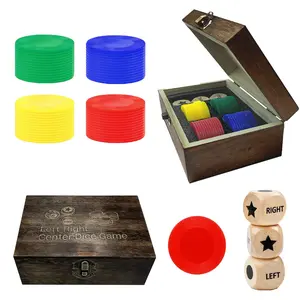 Fun Left Right Roll Dice Game Set – 3 Wooden Dice with 48 Chips in Storage Box, Portable Family Board Game for Parties, Travel, Camping & Game Night, Father’s Day Gift