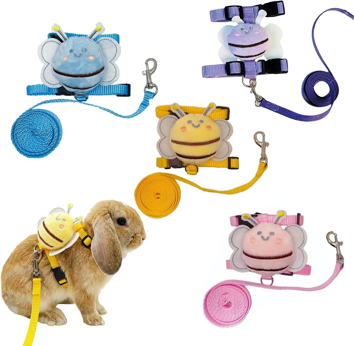 4-pcs rabbit chest harness traction rope set with adjustable buckle design, suitable for rabbits, small pets, and suitable for walking and playing in parks