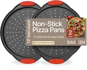 Pizza Tray – 2 Round with Silicone Handles – Carbon Steel Pizza Pan with Holes and Non-Stick Coating – PFOA PFOS and PTFE Free by Bakken