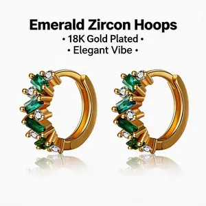 Leaf Inlaid Zircon Emerald Temperament Ear Clip Special-interest Design for Women 18K Gold Plated Copper Geometric Hoop Earrings Multi-color Luxury Crystal Jewelry Aesthetic Accessories for Party Wedding Daily Wear Gift for Her 2026 Trend