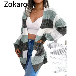 Autumn-Winter Casual Cardigan Sweater with Color Block Stripes and Lantern Sleeves for Cozy Loungewear, Streetwear Style, Perfect for Trendy TikTok Fashion Outfits