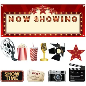 12 count Movie Night Party Decorations Kit Now Showing Banner Red Carpet Backdrop Double Sided Printing Red Carpet Cutouts Movie Party Cards Photo Booth Props Supplies for Bridal Shower Birthday