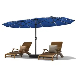 Solar Lights Patio Umbrella - 15/10/9Ft with 36 LED Lights & Base, Outdoor Table Parasol comes Easy Tilt and Crank Adjustable, UV and Waterproof Performance for Beaches, Pool, Deck, Yard and Garden