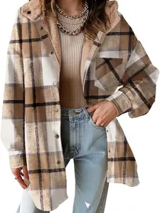 Womens Plaid Shacket Jacket Long Sleeve Fleece Hooded Jackets Fall Winter Warm Coat