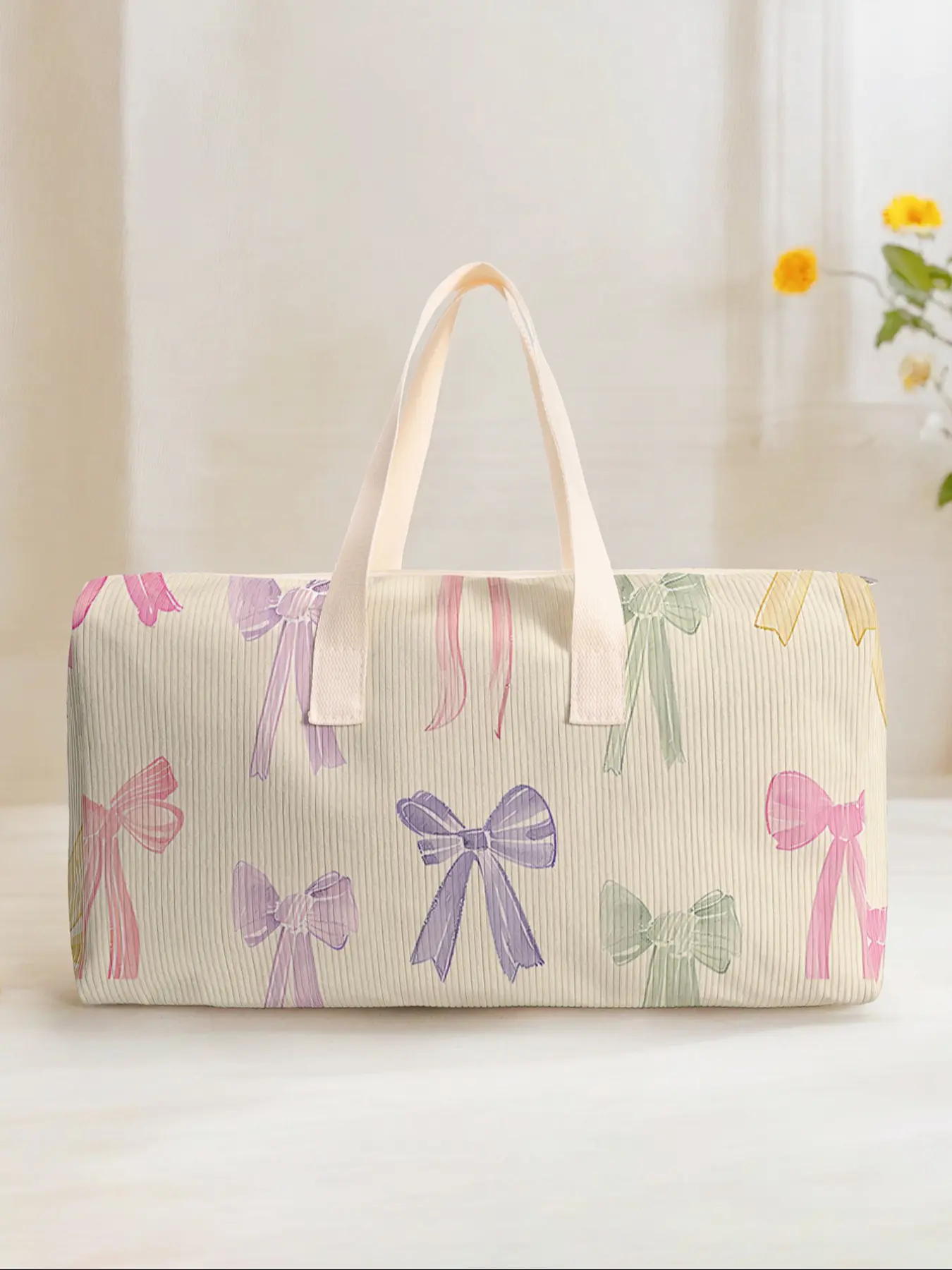 Large Capacity Corduroy Travel Duffle Bag Luggage Backpack, Bow Pattern Printed, Casual Yoga Fitness Handbag, Ideal for Short Trips Weekend Outing Daily Commute