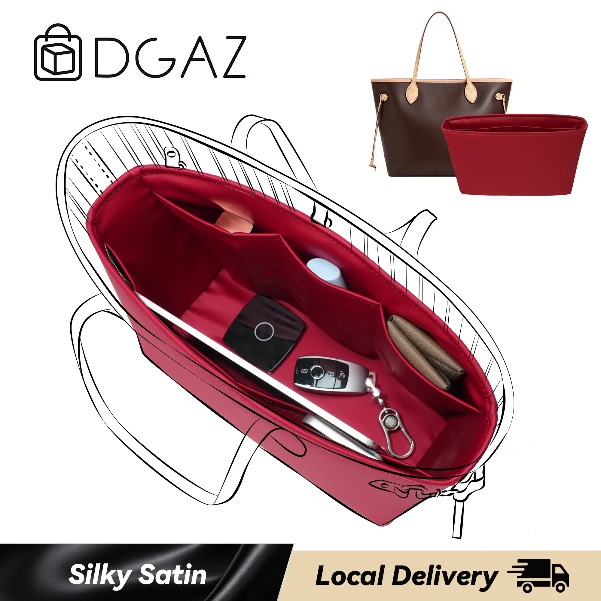 DGAZ Premium Silk Bag Organizer Insert - Lightweight, Stain-Resistant Tote Shaper, Handmade Premium Chic Organizing Pouch, Smooth Luggage Accessory (Hand-Washable, Fits Neverfull-PM/MM/GM), Premium Organizer