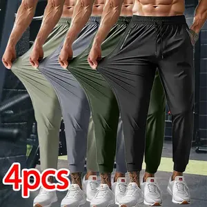 Men’s 4-pack high-stretch jogger pants, quick-dry breathable fabric, drawstring elastic waistband, zippered pockets, tapered slim fit—versatile for fitness, training, running, and everyday wear.