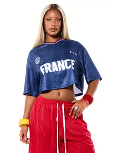 VYNCE France Cropped Graphic Top Star Embellishments Oversized Short Sleeve Crew Neck Streetwear Y2K Aesthetic