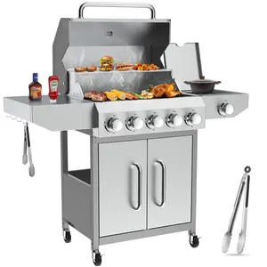 Bestfire 68,000 BTU Propane Gas Grill: 5 Main Burners + Side Burner, Stainless Steel Construction with Porcelain Cast Iron Grates, Patio Cart-Style BBQ for Backyard Feasts cooking Modern Barbecue Equipment