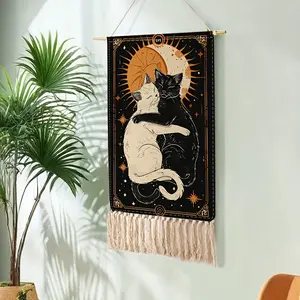 1 Charming Cat Embrace Tassel Tapestry - Handwoven Polyester Linen-Feel Wall Hanging, Washable, Black & White Celestial Design for Bedroom Decor, 19.7"x27.6