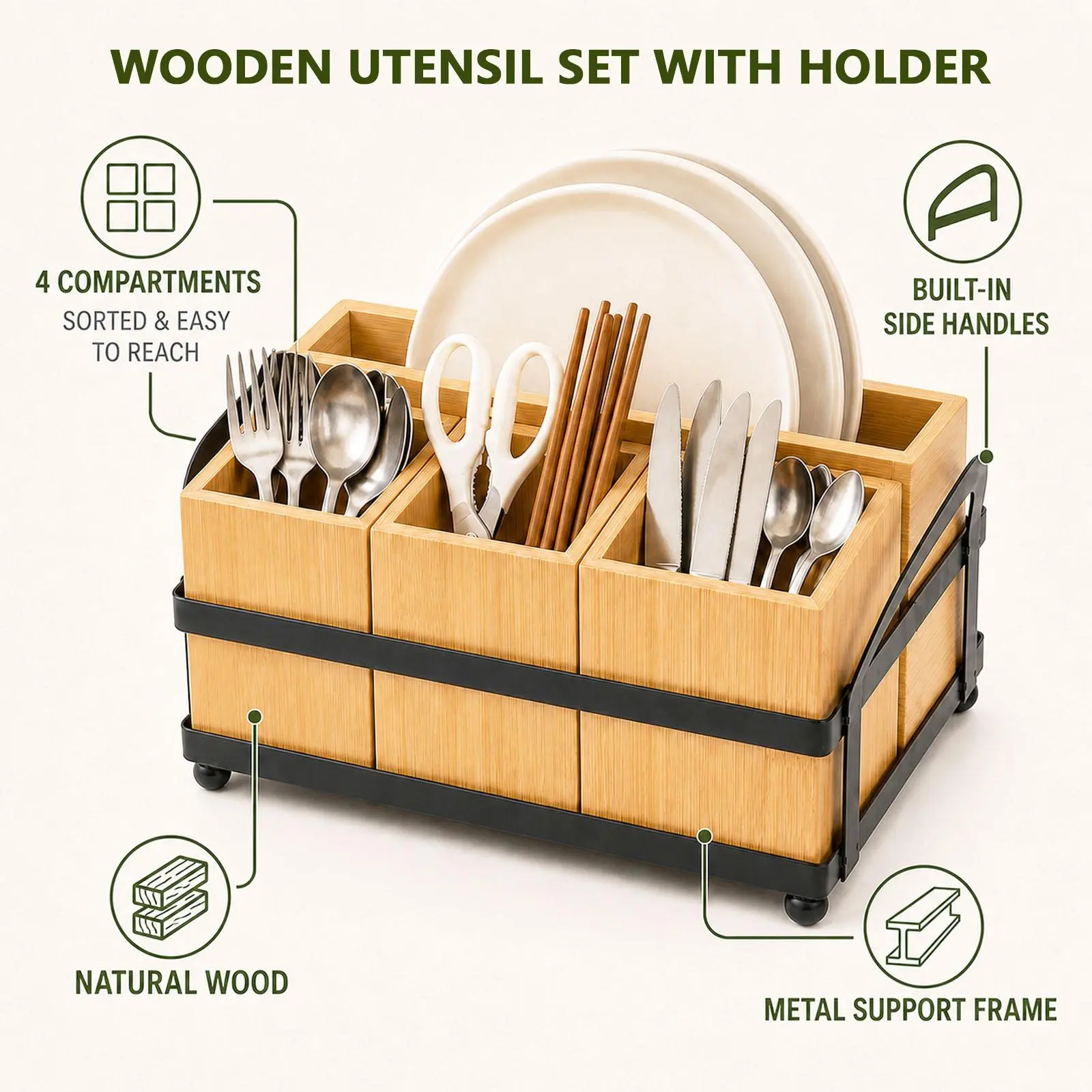 kitchen storage rack tiktok shop Bamboo Flatware Caddy - Kitchen to Table Home Organizer for Utensils, Napkins, Serving Essentials, Modern Design Storage Box