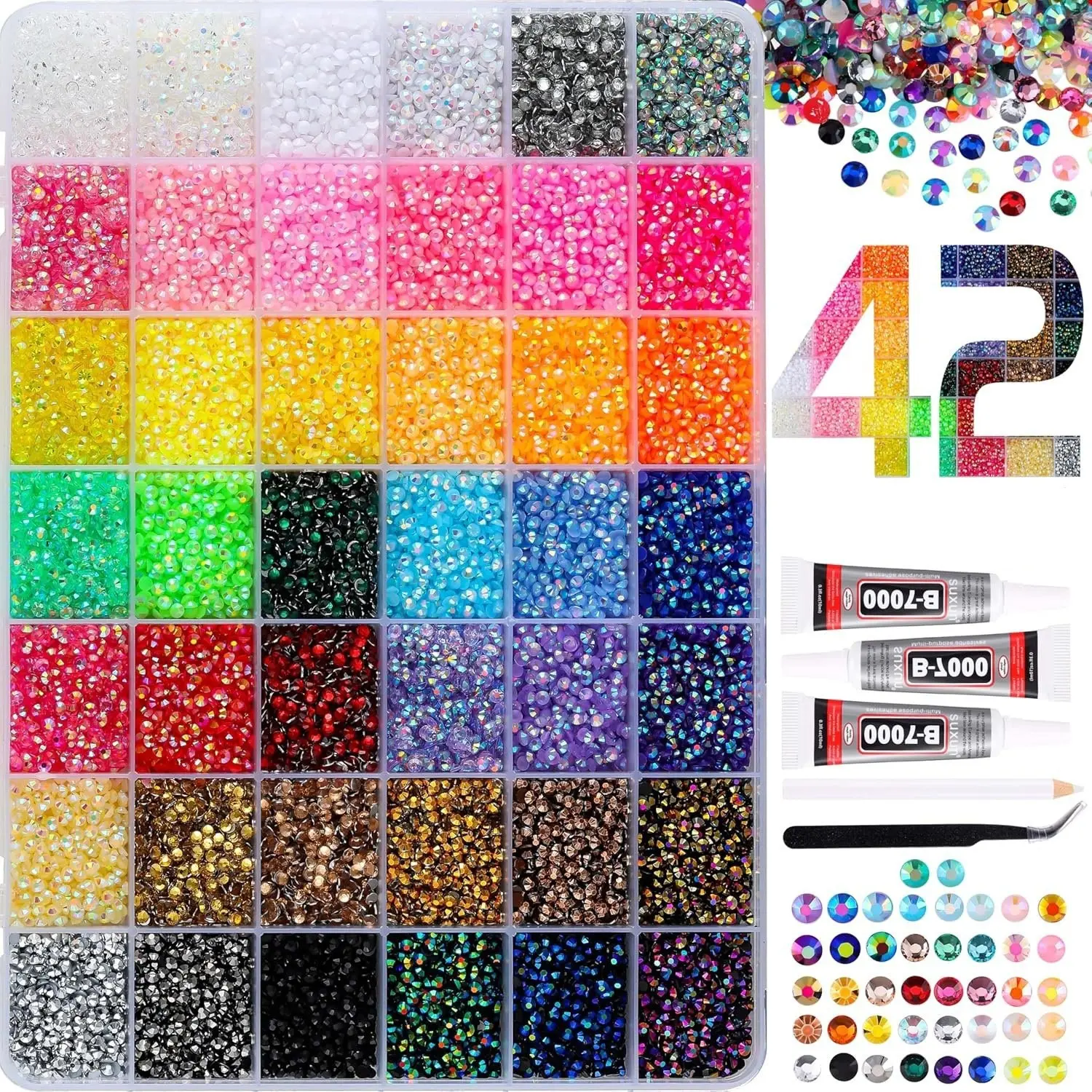42000PCS 42 Colors 3mm Jelly Flatback Rhinestones Kit, DIY Nail Art Gems for Nails, Shoes, Tumblers & Crafts, Crystal Bedazzling Supplies for Creative Gifts
