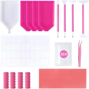 55PCS Multiple Sizes Diamond Painting Kits Diamond Art Accessories Tools with Diamond Art Pens Sleeves Tweezers Glue Label Ziplock Diamond Correction for Adults Pink