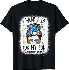 Autism Awareness shirt Mom Messy Bun I Wear Blue For My Son Summer Shortsleeve Cotton T-Shirt