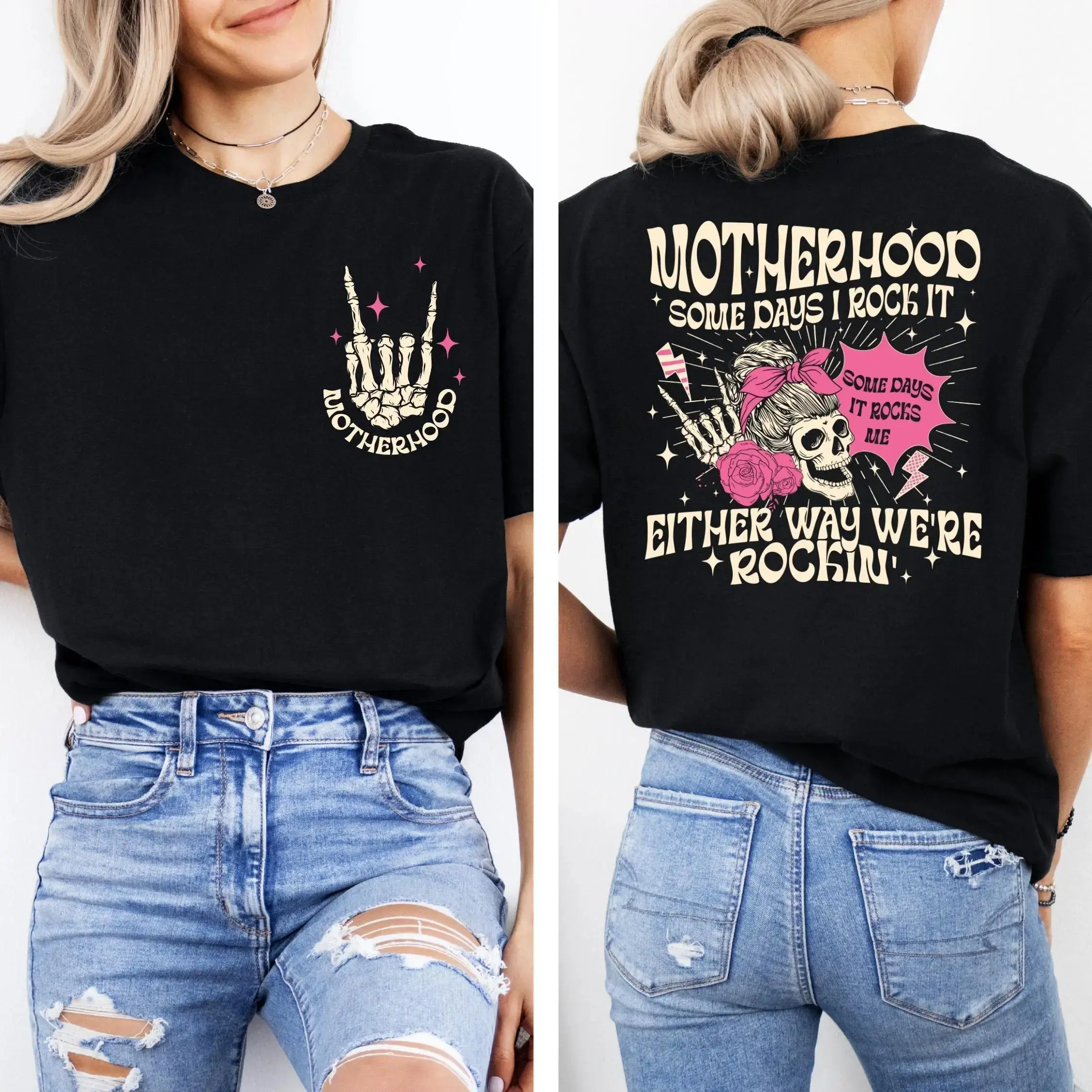 Unisex Cotton Fabric T-Shirt - "Some Days I Rock It Some Days It Rocks Me" Garment, Comfortable Mom Life Skeleton Skull Top, Motherhood Apparel C516