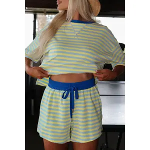Yellow Stripe Drop Shoulder Boxy Casual Terry Short Set