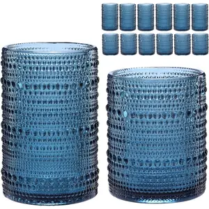 Glassware Drinking Glasses Set of 12,Blue 12oz & 15oz Hobnail Glass Cups,Embossed Water Tumbler,for Beer,Cocktail,Whiskey,Juice and Various Mixed Drinks- 1 Cleaning Brush